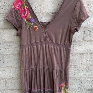 Johnny Was Floral Dress Women's Above Knee blouse Brown S/S Ruffle RARE L USED